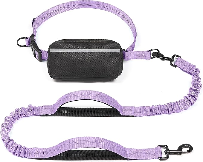 iYoShop Hands Free Dog Leash with Zipper Pouch, Large, 25-120 lbs, Lavender | Waist Leash, Dual Padded Handles, Shock-Absorbing Bungee, Adjustable Waist Belt, Walking and Running