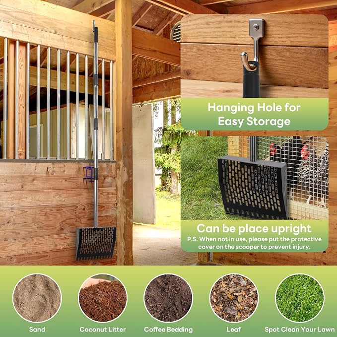 Chicken Poop Scooper & Rake 2-in-1, Adjustable 24'' to 66'' Metal Sand Sifting Shovel for Coop Cleaning, Effortless for Chicken Duck Rabbit Cages, Cat Litter, Fire Ash, Saving Time & Energy