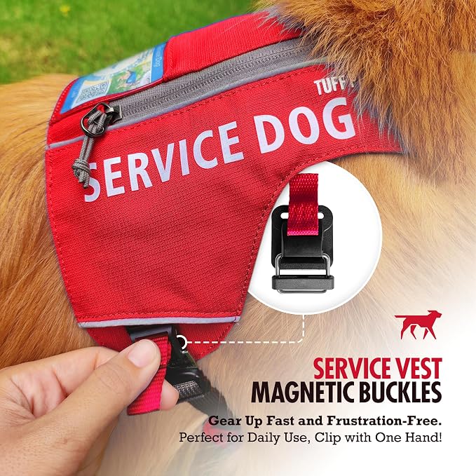 Tuff Pupper Service Dog Vest with ID Pocket | No Leash Attachment | Quick-Release Magnetic Buckles | Reflective Trim | Adjustable Fit | Comfortable & Durable | Designed for Small Dogs (Red, Large)