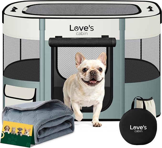 Love's cabin Dog & Cat Playpen with Carrying Case, Small, Gray Green with Pad