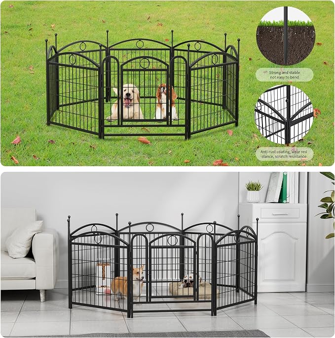 24" Heavy Duty Metal Dog Playpen, 8 Panel Foldable Pet Fence with Door | Rustproof iron & gravity lock door; easy DIY assembly. Foldable & portable for travel, perfect for dogs & pets.