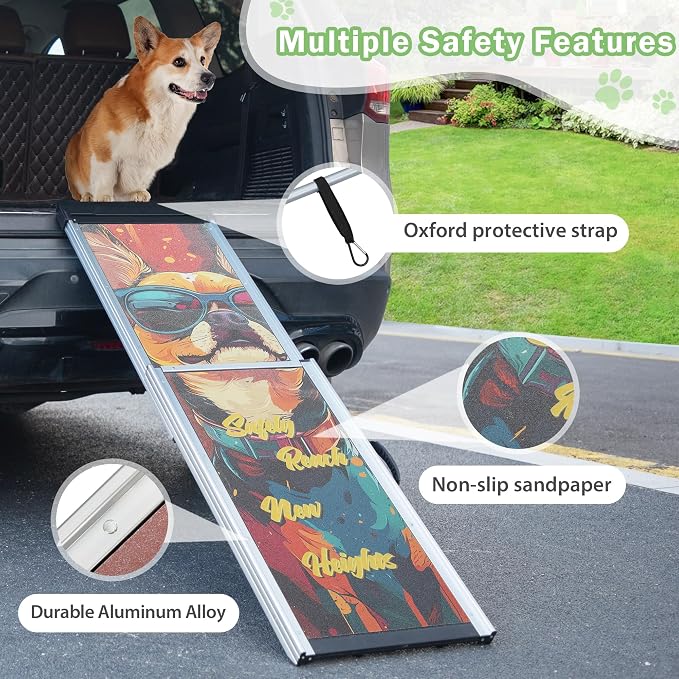COZIWOW Telescoping Dog Car Ramp for Large Dogs - Heavy-Duty Aluminum Pet Ramp with High-Traction Surface, Anti-Slip Steps for Cars/Trucks/SUVs,Adjustable Sizing,330LB Load Capacity (63.5" L)