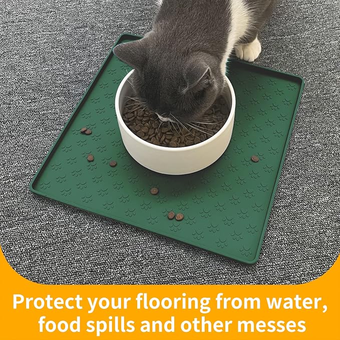 Ptlom Pet Placemat for Dog and Cat, Waterproof Silicone Pet Feeding Bowl Mats for Food and Water, Small Medium Large Dogs Mat Prevent Residues from Spilling to Floor, Hunter, 11.8"x11.8"