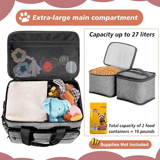 5-Set Dog Travel Bag with Food Containers, Bowls & Placemats, Grey