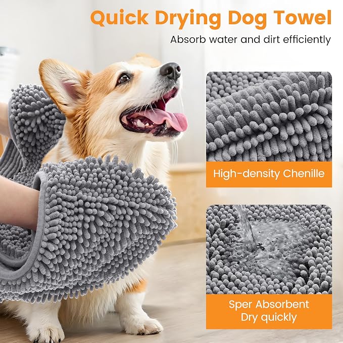 Smiry Chenille Dog Drying Towel, Extra Absorbent Bath Towel for Mud Dogs, Ultra Soft Quick Dry Pet Wash Mitt for Bathing, Grooming and Post-Walk Cleaning (31x13 Inches, Grey)