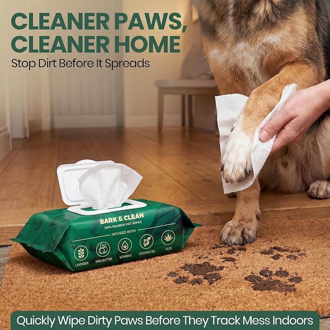 Bark & Clean Bamboo Dog Wipes for Cleaning & Deodorizing - 8.5" x 9" 110 Compostable Hypoallergenic Pet Wipes for Dogs - Paws, Butt & Body - Puppy Face, Ear & Eye Cloths - Pet Supplies