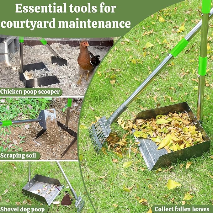 T2Y Extra Long Handle Dog Pooper Scooper 3-Piece Set, Heavy Duty Metal Poop Rake, Tray and Spade for Large Dogs, Stainless Steel Pet Waste Remover & Garden Scoop for Yard/Grass/Dirt/Gravel