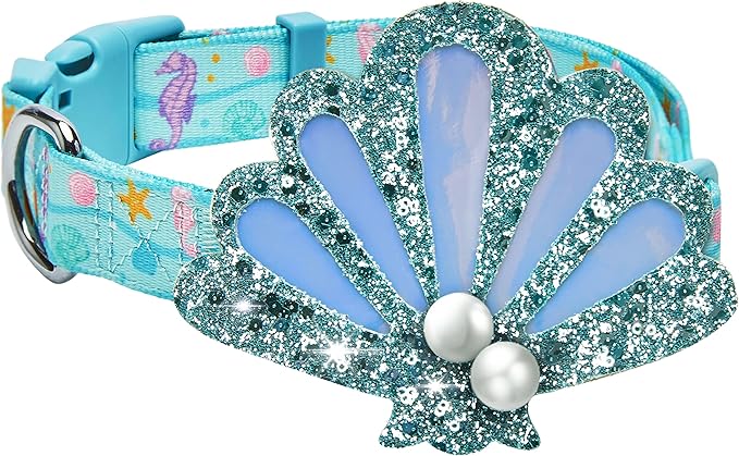 Blueberry Pet Summer Sparkle Dog Collar, Adjustable Large Size, Neck 18"-26", Turquoise, Ocean Fish and Seahorse Print Nautical Pet Collar with Detachable Seashells Accessory