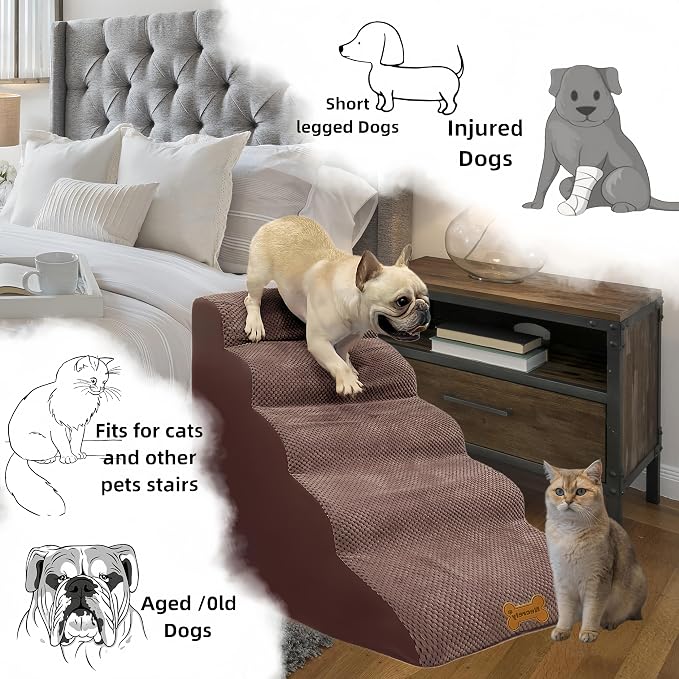 Dog Stairs & Pet Ramp for Small/Large Dogs to High Beds/Couches - 5 Steps 24-inch Height for 18-30 inch Furniture, 2 Washable Covers (Brown, Grey), Non-Slip Balanced 33D Design for Old Dogs & Cats
