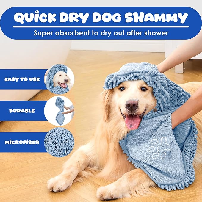 Microfiber Dog Towel for Fast Dog Drying, Super Absorbent Dog Towels for Drying Dogs Large & Small, Quick Dry Pet Towel with Hand Pockets, Soft Durable Puppy Towel-Blue