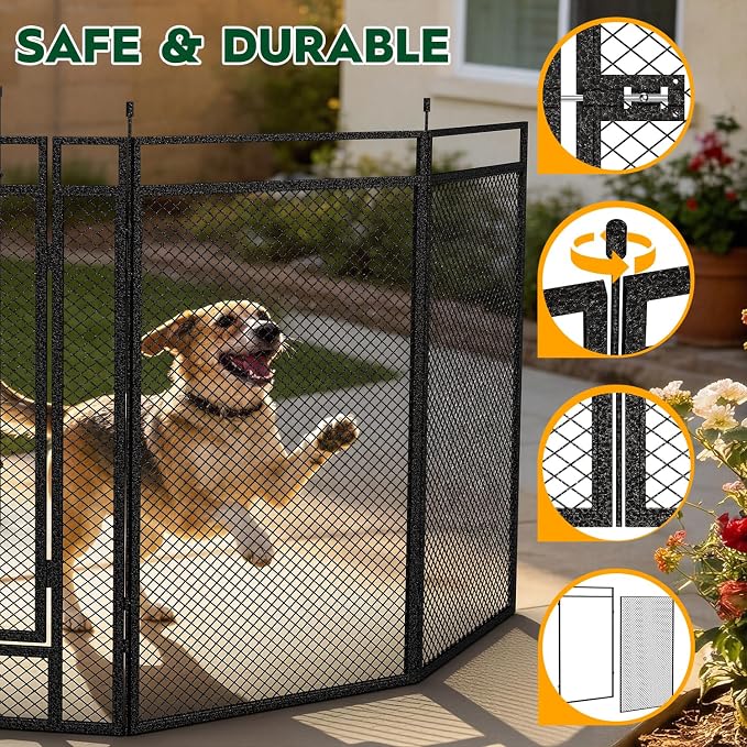 Dog Fence with Safety Mesh, 40in 8 Panels, Black-Silver