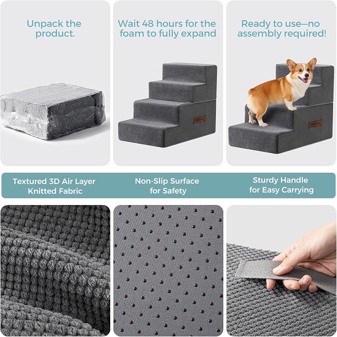 Dog Stairs, Steps and Ramp for High Bed & Sofa, 13-24" H Detachable Pet Stairs for Small Medium Dogs, Sturdy 40D Foam, Non-Slip, Washable Cover with Lint Roller, Grey