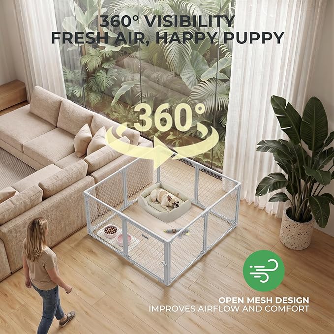 Dog Playpen Indoor - 24" Height 8 Panel Diamond Mesh Chew Resistant Puppy Playpen, Tool-Free Assembly, Dog Exercise Pen Indoors for Puppies and Small Dogs & Pets, Portable White Metal Dog Pen