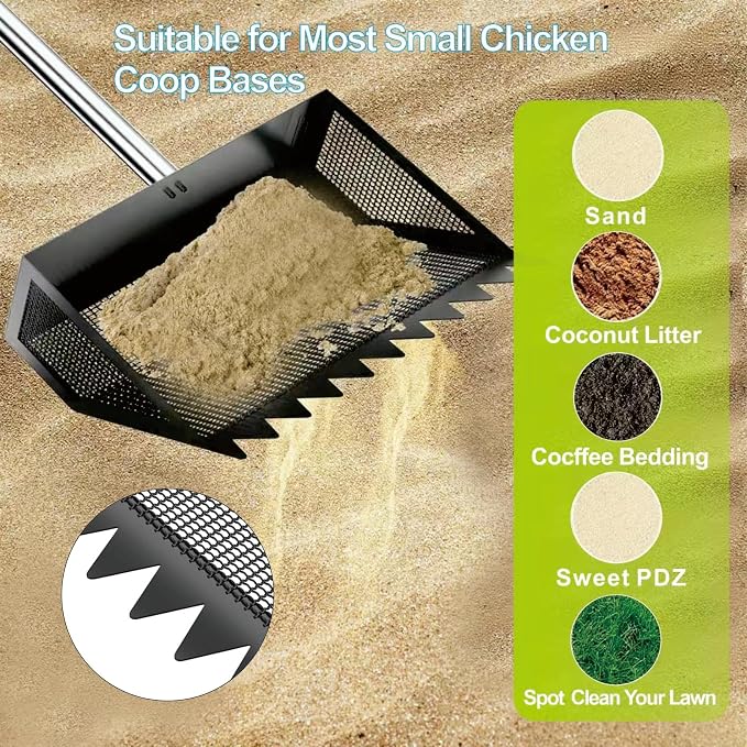 Chicken Poop Scooper & Rake 3-in-1, Metal Coop Shovel, Sand Sifting Shovel, Pet Waste Cleans. Litter Sifting Cleaning Tool with 35" to 62" Adjustable Stainless Steel Handlele