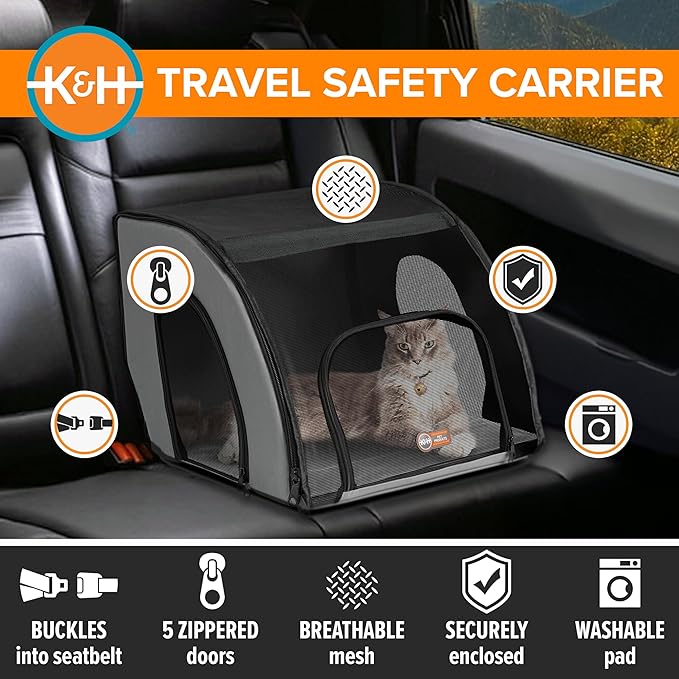 K&H Dog Car Seat, Travel Safety Carrier, Small, Gray/Black, 17x16x15in