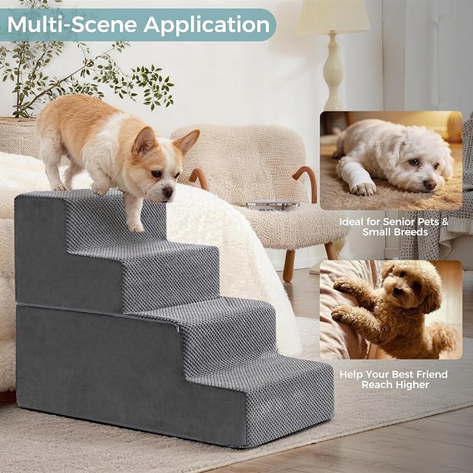 Dog Stairs, Steps and Ramp for High Bed & Sofa, 13-24" H Detachable Pet Stairs for Small Medium Dogs, Sturdy 40D Foam, Non-Slip, Washable Cover with Lint Roller, Grey