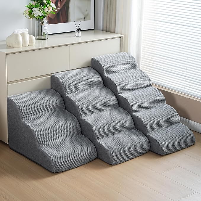 Dog Stairs, 15.7” H – 3-Step Foam Ramp for Small Dogs & Cats, Waterproof Washable Cover, Non-Slip Base, Lightweight Pet Ladder for Couch or Bed (Grey)