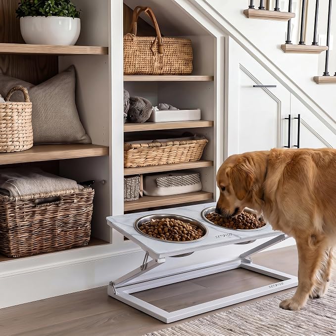 Elevated Dog Bowls, Height-Adjustable Stand with 2 Stainless Steel Food Bowls and a 20° Tilted Water Bowl—Suitable for Small, Medium, and Large Dogs(Faux Marble (White), Large)