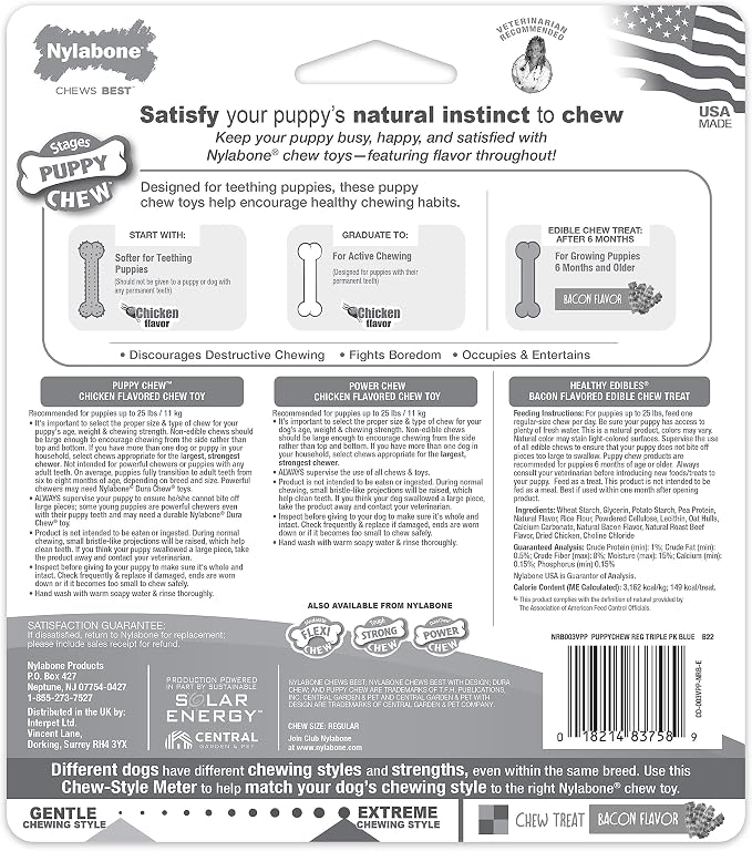 Nylabone New Puppy Starter Kit, Puppy Teething Toys, 3 Pack, Blue | Teething toys for puppies, natural chew treat & toy set for small dogs up to 25 lbs, long lasting chicken & bacon flavor