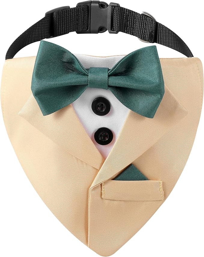 Yellow Dog Bandana with Green Bowtie, Medium, Yellow