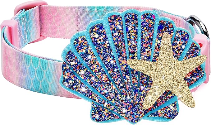 Blueberry Pet Summer Sparkle Dog Collar, Adjustable Medium Size, Neck 14.5"-20", Pink and Blue, Ocean Mermaid Scales Print Nautical Pet Collar with Detachable Seashells Accessory