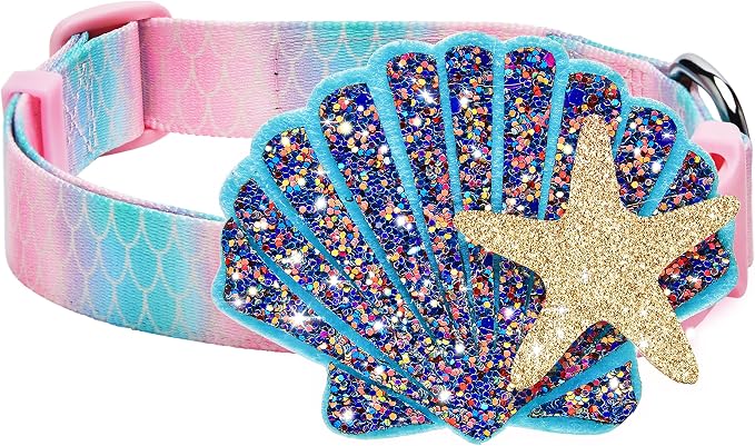 Blueberry Pet Summer Dog Collar for Large Dogs - Adjustable 18"-26" Ocean Mermaid Scales Print, Pink & Blue, Stylish & Durable with Seashells - Best Dog Collar for Style-Conscious Pet Parents