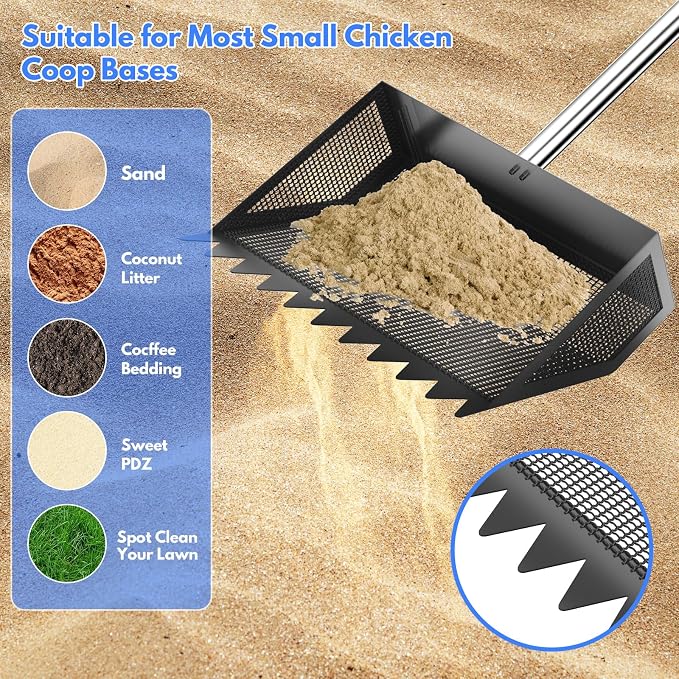 Chicken Poop Scooper Rake 2-in-1,304 Stainless Steel Shovel Head, Chicken Litter Scoop with Handle for Chicken Coop for Sand, Pet Waste Cleaning, Litter Sifting Shovel (35 to 65") (Black, 10inch)