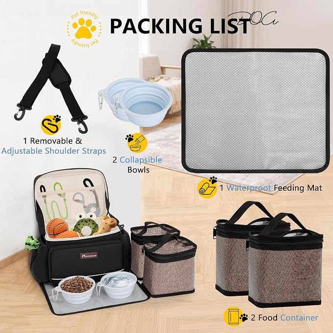 Modoker Dog Travel Bag Airline Approved, 2 Bowls, 2 Food Containers & Feeding Mat