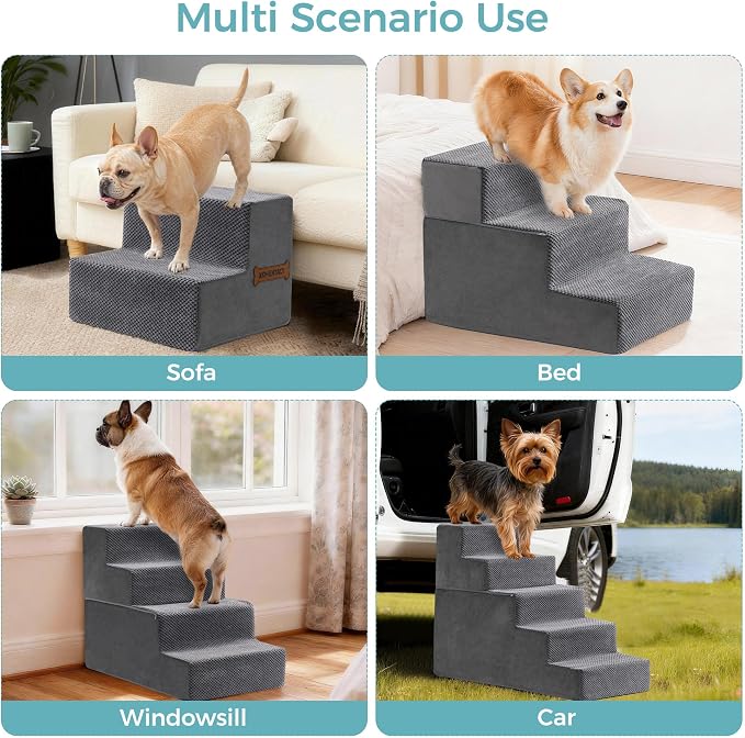 Dog Stairs, Steps and Ramp for High Bed & Sofa, 13-24" H Detachable Pet Stairs for Small Medium Dogs, Sturdy 40D Foam, Non-Slip, Washable Cover with Lint Roller, Grey