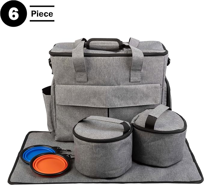 Dog Travel Bag - Cat and Dog Storage Organizer with Pockets, Mat, 2 Food Containers, and 2 Large Collapsible Travel Dog Bowls by PETMAKER (Gray)