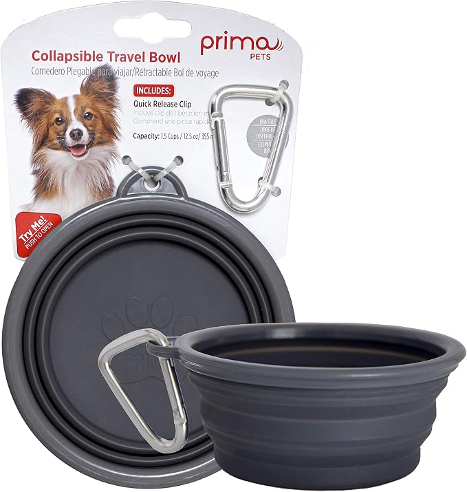 Prima Pet Collapsible Silicone Water Travel Bowl with Clip, Small 1.5 Cups, Grey