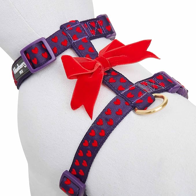 Blueberry Pet H-Shape Dog Harness Heart Flocking Valentine’s Day Adjustable Harnesses with Velvety Bowtie for Medium Dogs, Gothic Grape, Chest Girth 22" - 26.75"