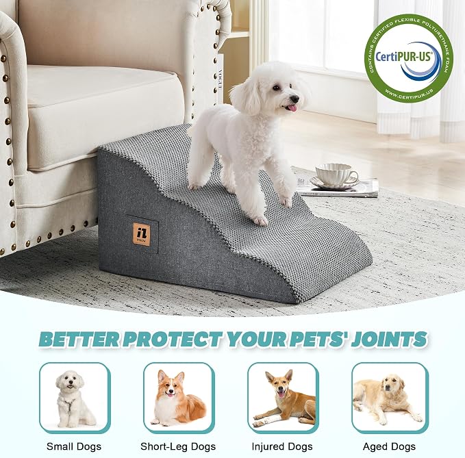 IFNOW Dog Stairs for Small Dogs and Cats 11.8" H, 3-Step Sturdy Dog Steps for Couch, Sofa or Chair, High-Density Foam Pet Stairs for Puppy, Older Cats, Non-Slip Curved Pet Ramp Indoor, Grey