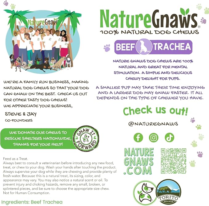 Nature Gnaws Beef Trachea Chews for Dogs 6" (6 Count) - Long Lasting Natural Crunchy Dog Chew Bones - Rawhide Free (Pack of 2)