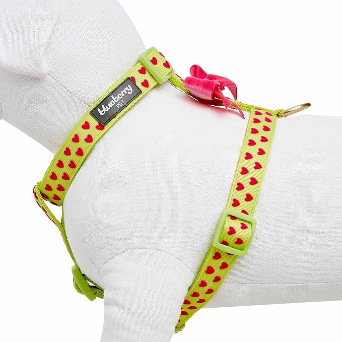 Blueberry Pet H-Shape Dog Harness Heart Flocking Valentine’s Day Adjustable Harnesses with Velvety Bowtie