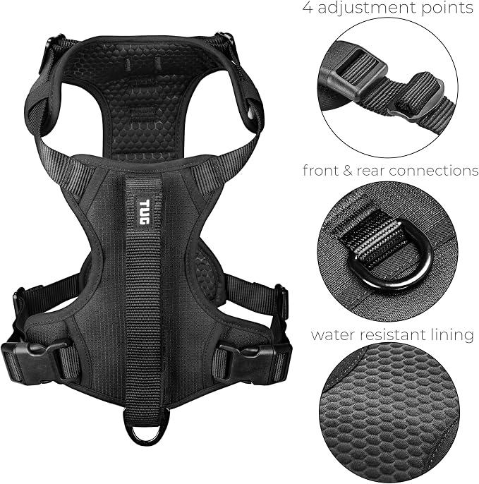 TUG Grab Dog Harness with Built-in Magnetic Traffic Leash (XL/Black) | Padded Magnetic Traffic Handle | Dual Leash Clips | 4-Point Adjustable Fit | Durable Nylon