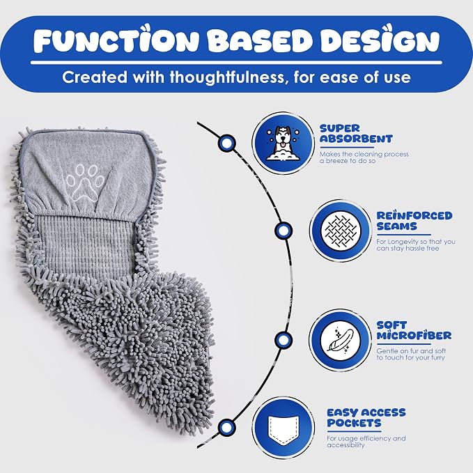 Microfiber Dog Bath Towel – Super Absorbent Dog Towels for Drying Dogs Large & Small, Quick Dry Pet Towel with Hand Pockets, Soft & Durable Puppy Towel, Machine Washable – Grey
