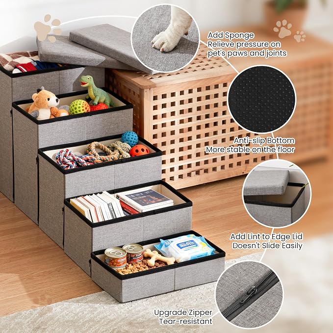 Love's cabin Dog Stairs for High Bed 22" H, Foldable Pet Stairs for Small Medium or Large Dogs Puppy with Storage for Bed or Couch, Cat Dog Steps Ramp with Zip up to 200 lbs, Solid Grey, 5 Steps