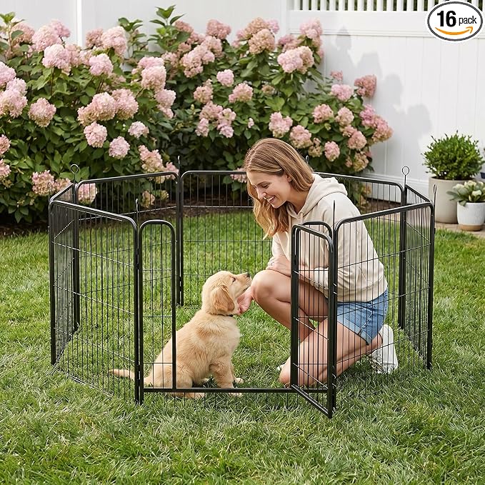 Dog Playpen, 16-Panel Hexagonal Pet Pen, Black, Stainless Steel, 27x40 Inch, Outdoor Use (16 Playpen, 27''W-40''H)