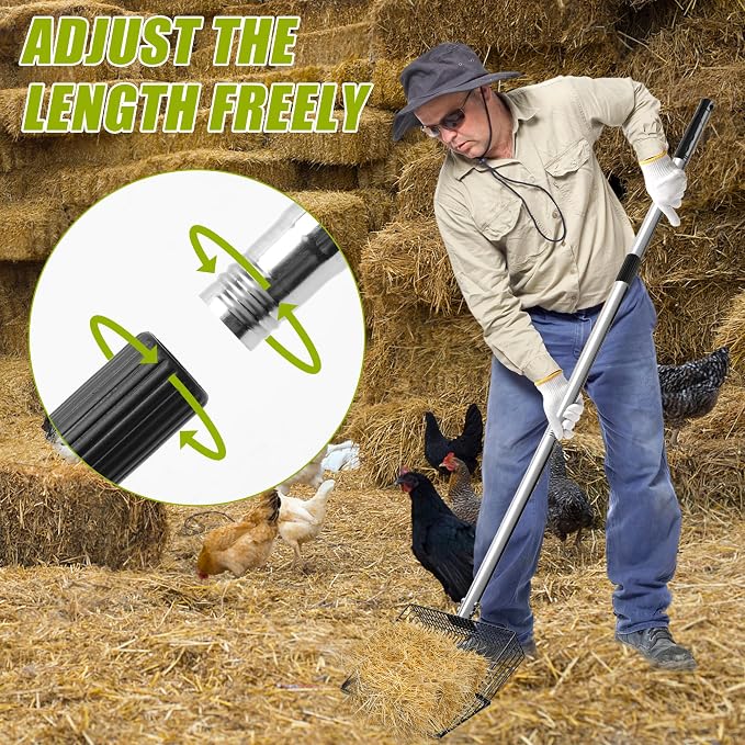 Windspeed 3 in 1 Metal Chicken Poop Scooper 10'' Wide, 61'' Long Adjustable Chicken Coop Pooper Scoop Sifting Shovel Litter for Poultry Litter Scooper Supplies (34-61 in)