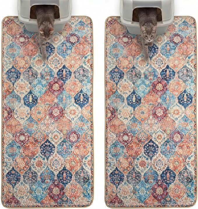 Hompet Cat Litter Mat 2 Pack, 24.8x54 Large Machine Washable Trapping Mats for Cats, Super Absorbent & Urine-Proof Cat Litter Box Mat for Floor, Waterproof & Non Slip Kitty Litter Rug