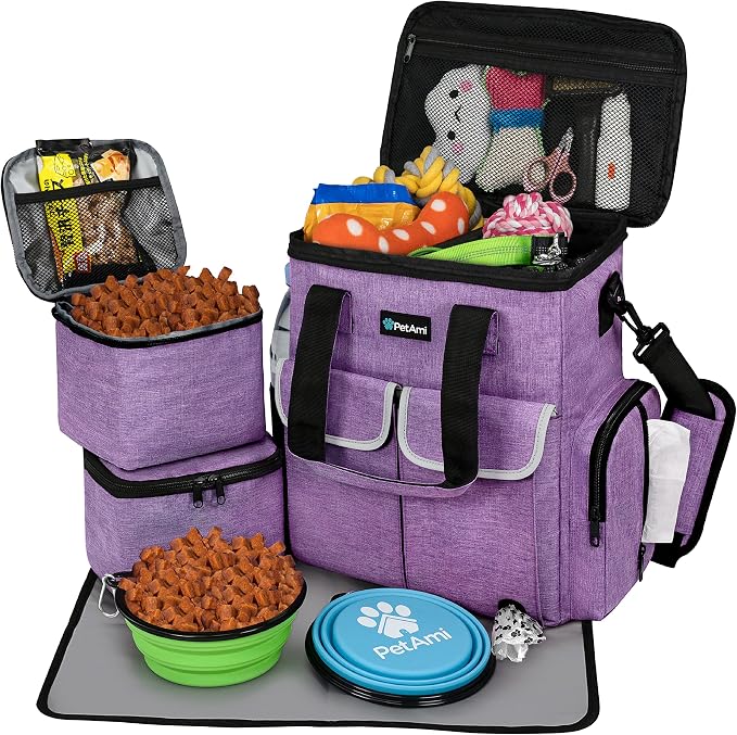 PetAmi Dog Travel Bag Organizer with Food Containers & Bowls, Purple