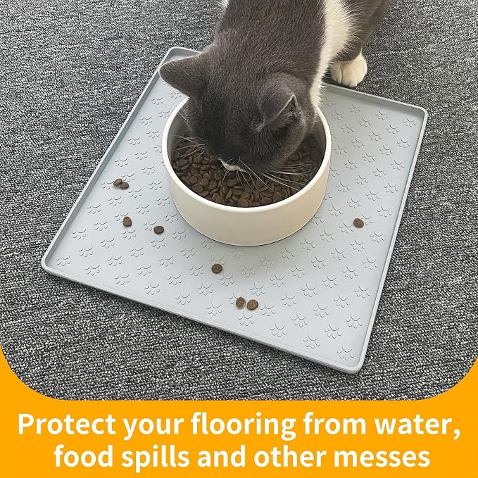 Ptlom Dog Food Mat Anti-Slip Bowl Mats for Food and Water, Waterproof Silicone Pet Placemat with High Raised Edges, Non-Slip Puppy Feeding Tray for Small, Medium Large Cats Dogs, Gray, 11.8"x11.8"
