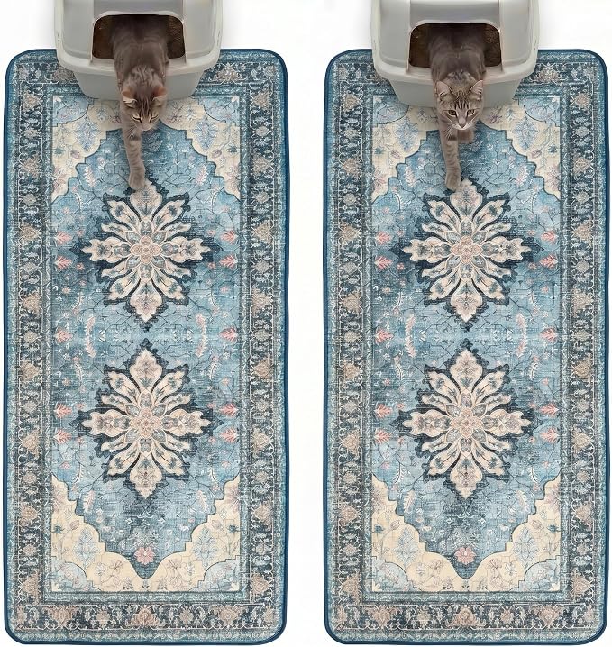 Hompet Cat Litter Mat 2 Pack, 24x60 Large Machine Washable Trapping Mats for Cats, Super Absorbent & Urine-Proof Cat Litter Box Mat for Floor, Waterproof & Non Slip Kitty Litter Rug