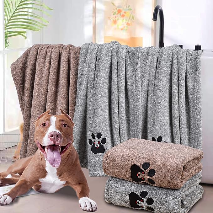 Dogvingpk Medium Dog Towel 4 Pack, Super Absorbent Soft Quick Drying Microfiber Pet Bath Towels for Medium & Small Dogs (M-36" * 28", 2Grey and 2Brown)