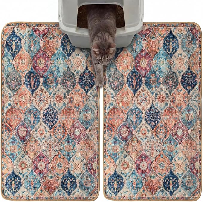 Hompet Cat Litter Mat 2 Pack, 19x30 Machine Washable Trapping Mats for Cats, Super Absorbent & Urine-Proof Cat Litter Box Mat for Floor, Waterproof & Non Slip Kitty Litter Rug