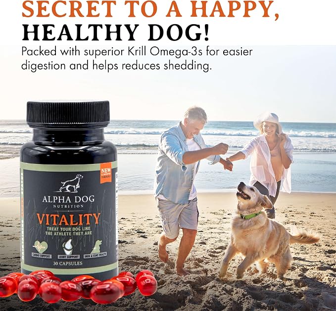 Krill Oil for Dogs - Vitality by Alpha Dog Nutrition – Reduces Dog Allergies, Itchiness, & Shedding – Promotes Healthy Skin and Coat