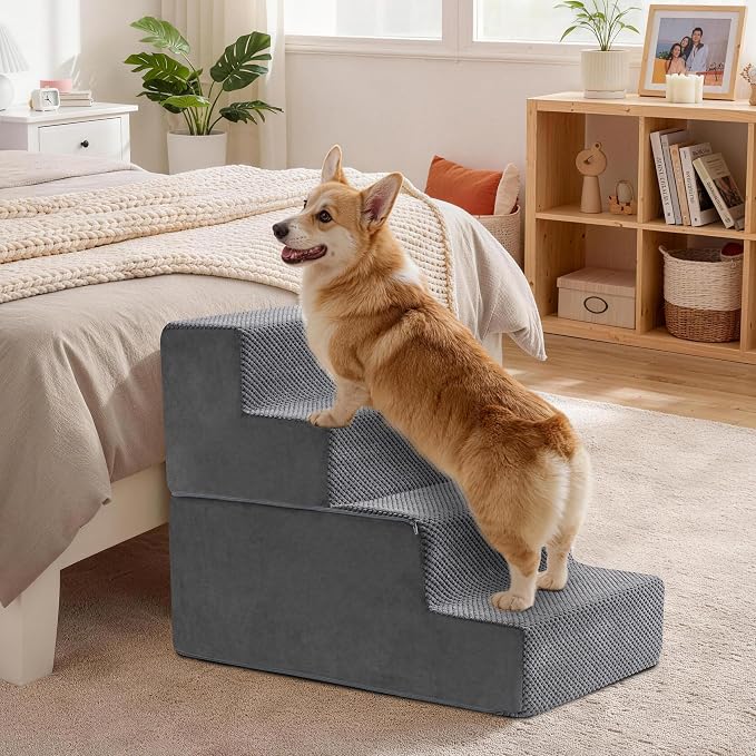 Dog Stairs, Steps and Ramp for High Bed & Sofa, 13-24" H Detachable Pet Stairs for Small Medium Dogs, Sturdy 40D Foam, Non-Slip, Washable Cover with Lint Roller, Grey