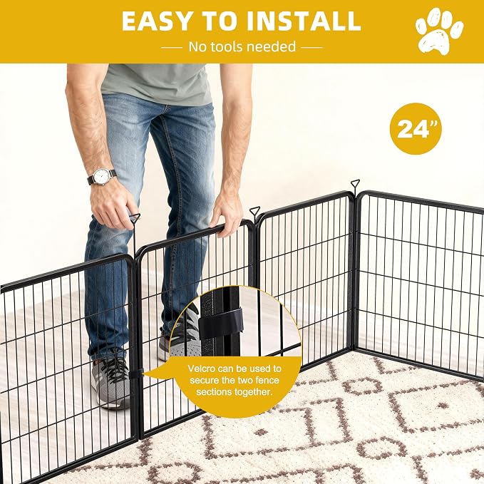 Heavy-Duty Iron Dog Playpen, Outdoor/Indoor, 24in, 8 Panels, Black Silver