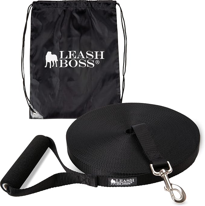 Leash Boss Free Range - Long Dog Leash for Large Dogs + Drawstring Backpack - 1 Inch Nylon Training Lead with Padded Handle (Black) (100 Ft)